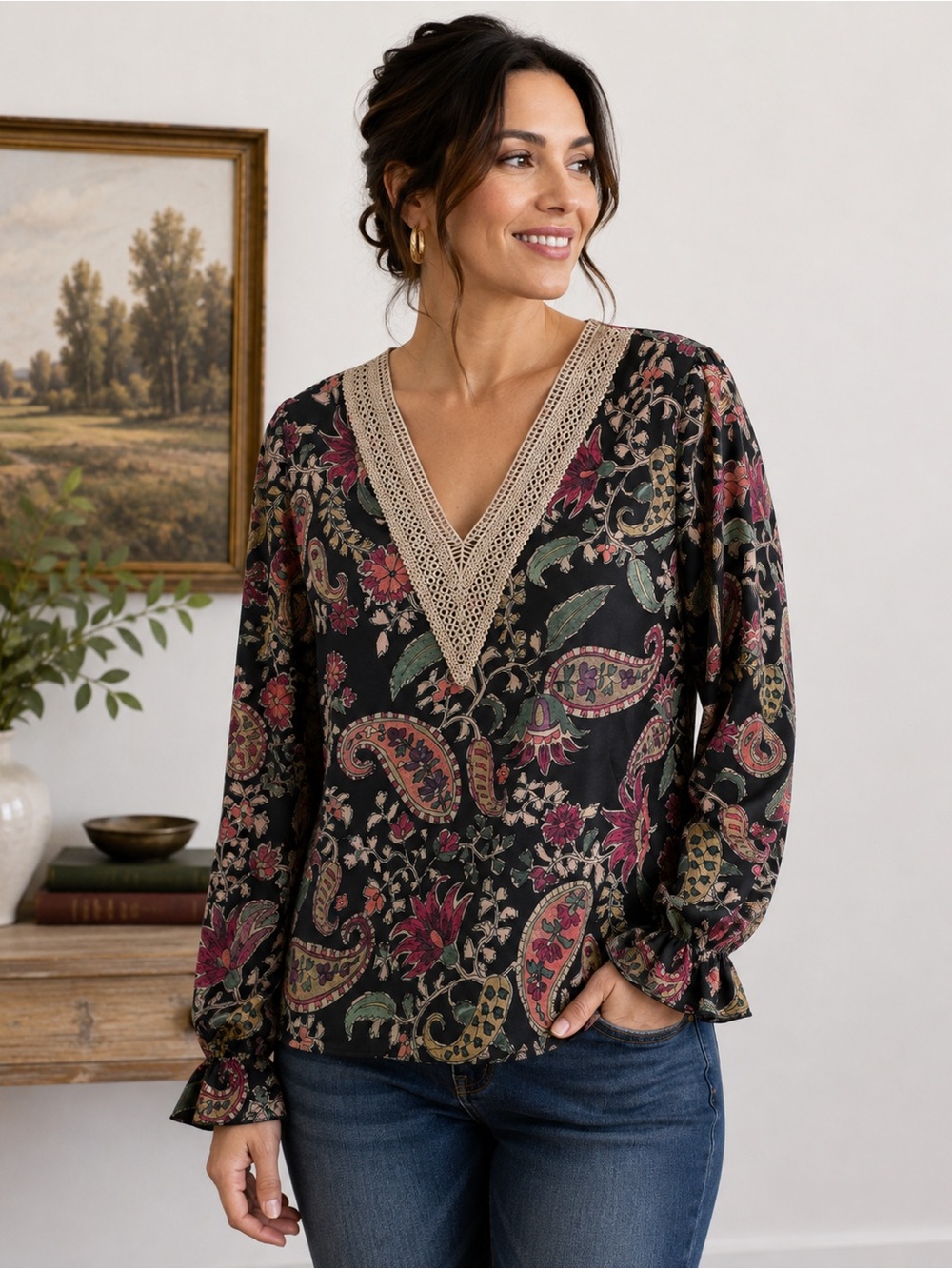 Dark Paisley Floral Crochet Trim V Neck Statement Blouse XL